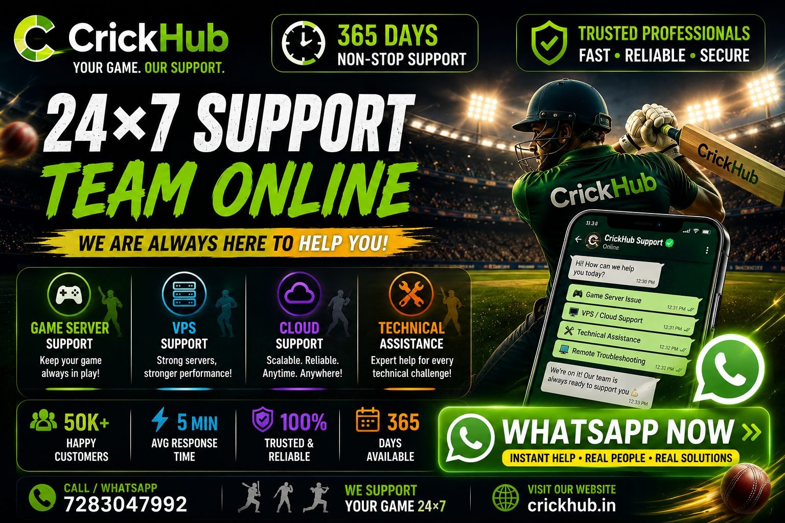 CrickHub 24 by 7 cricket support team online — WhatsApp support in minutes